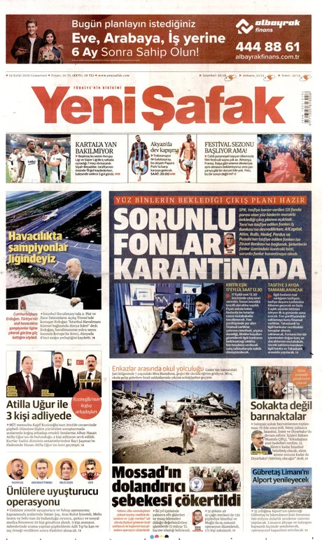 Yeni Şafak gazete manşeti